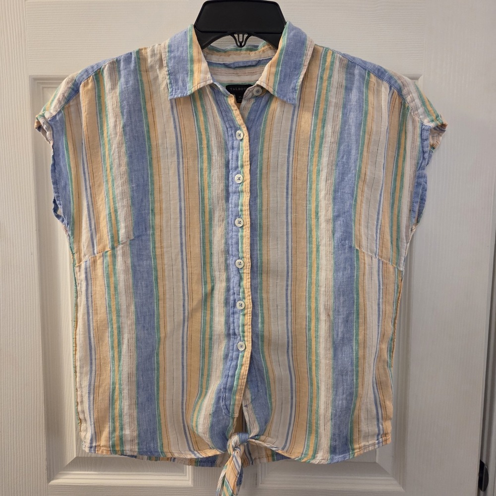 Talbots sz XS button up 100% linen boxy collared relaxed fit top summer coastal